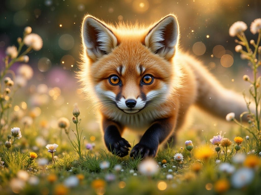 Hyperrealistic Baby Fox in Spring Meadow