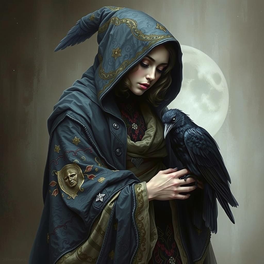 Mystical Woman with Crow in Gothic Moonlight