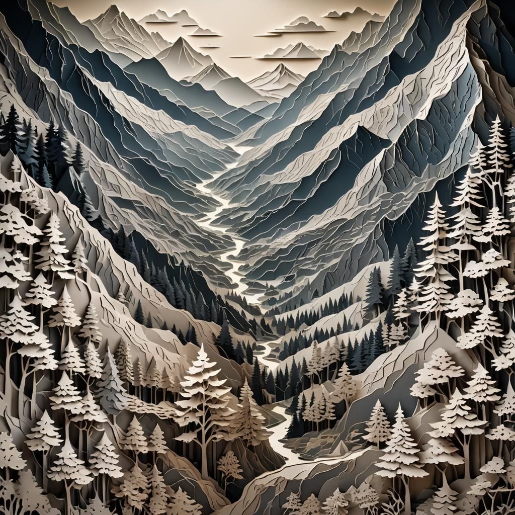 Kirigami Mountain Landscape in Hyperrealistic Detail