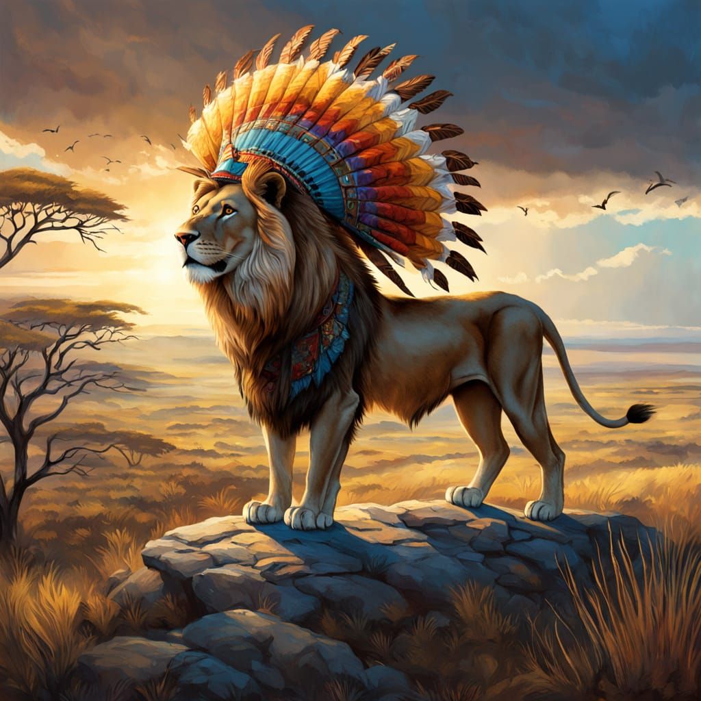 Turquoise-Eyed Lion in Sombrero Overlooking African Savanna