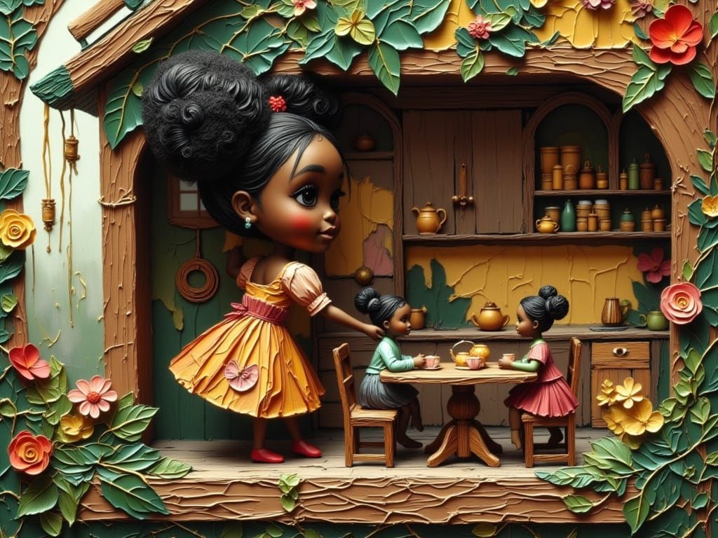 Cute Girl Peeks into Vintage Dollhouse Kitchen