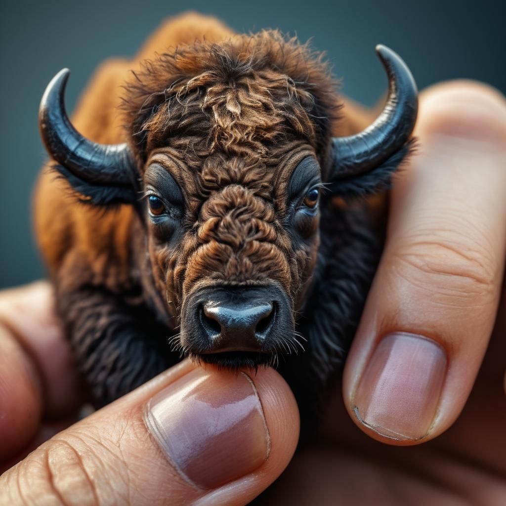 Microscopic Buffalo Poses on Fingertip: Sharp Focus