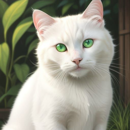 White Cat with Green Eyes as Oil Painting