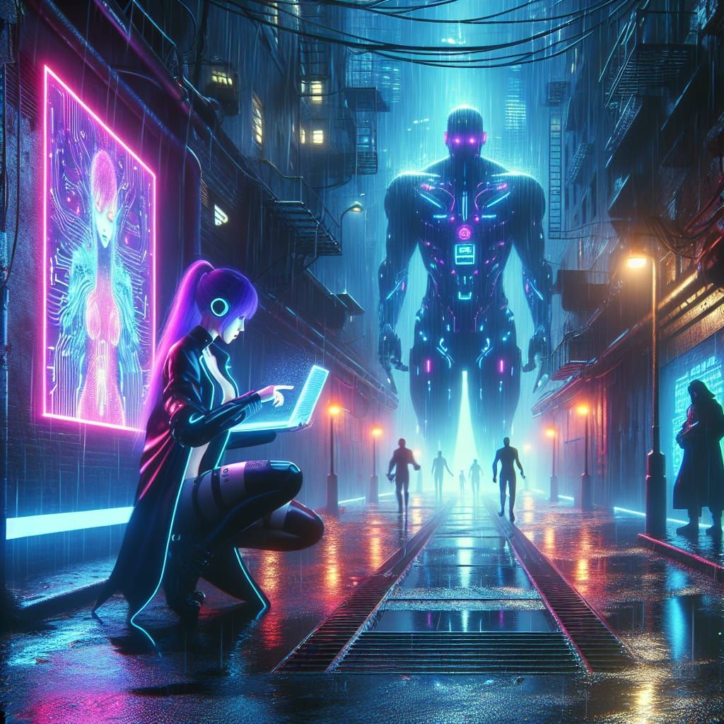 Cyberpunk Hacker Logging into Cyberverse in Rainy Alley