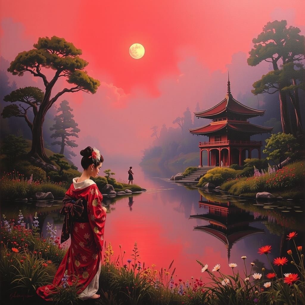 Geisha Woman in a Blood Red Fog