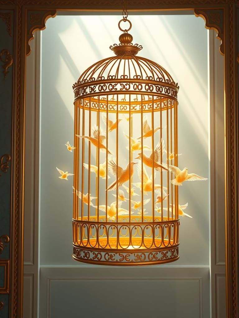 Ornate Birdcage Releasing Fractal Birds of Gears and Light