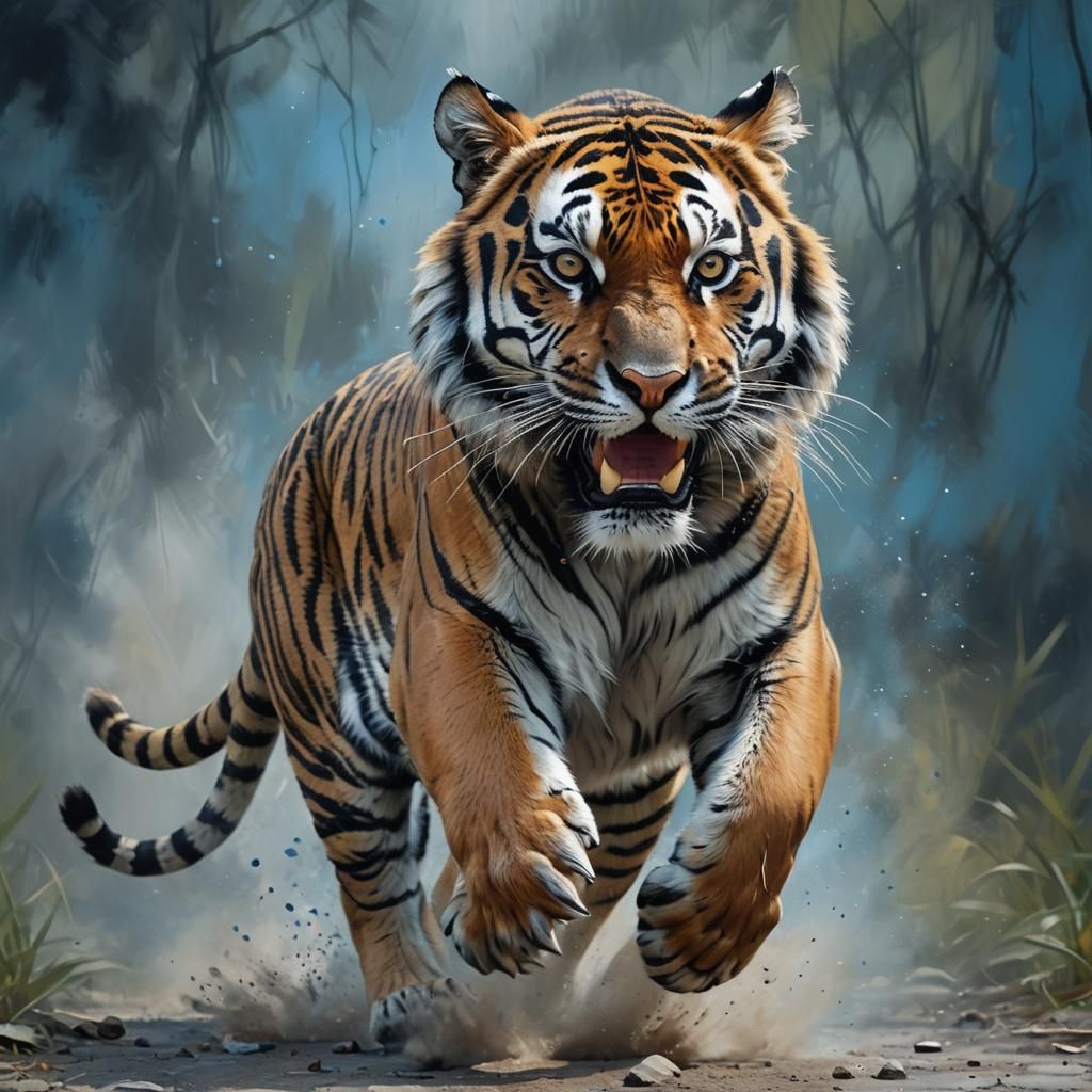 Sleek Tiger Sprinting in Dynamic Acrylic Style