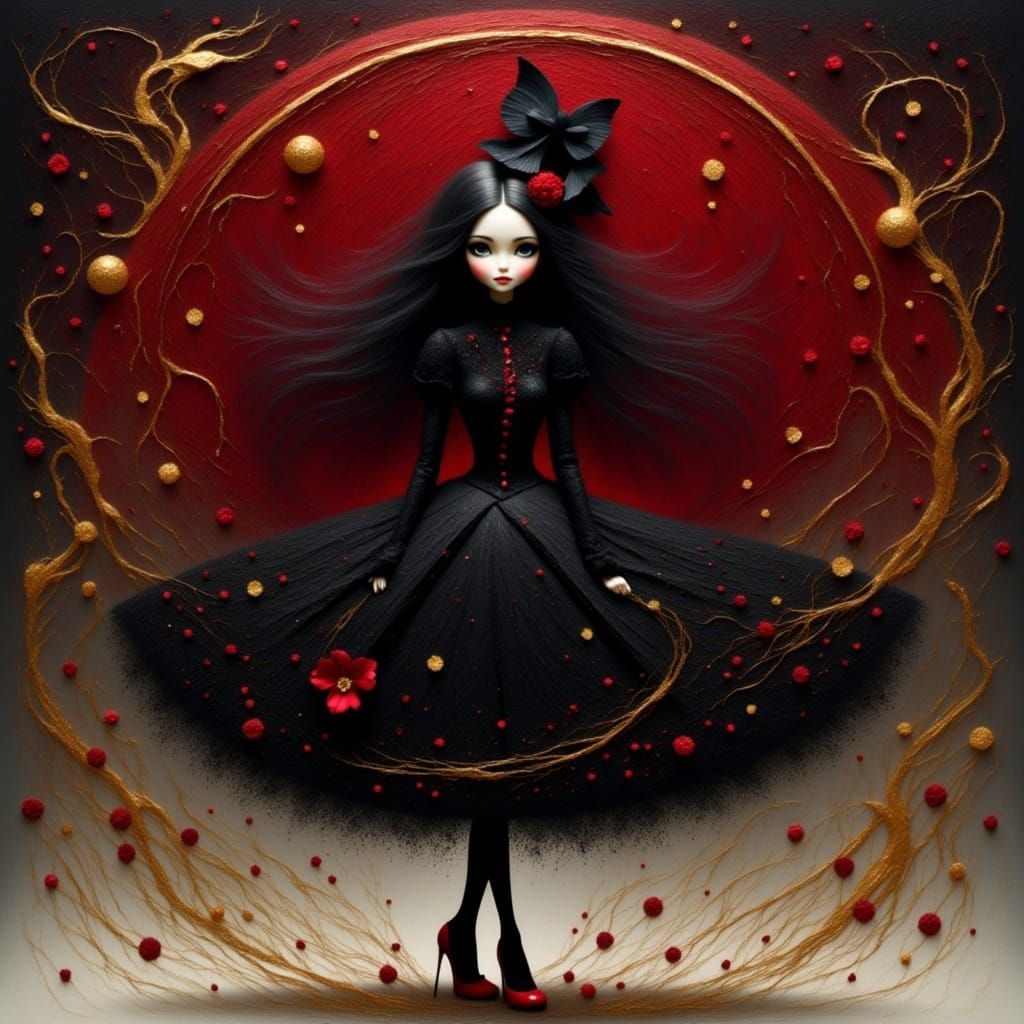 Young Woman in Black Gothic Evening Gown with Red Heels