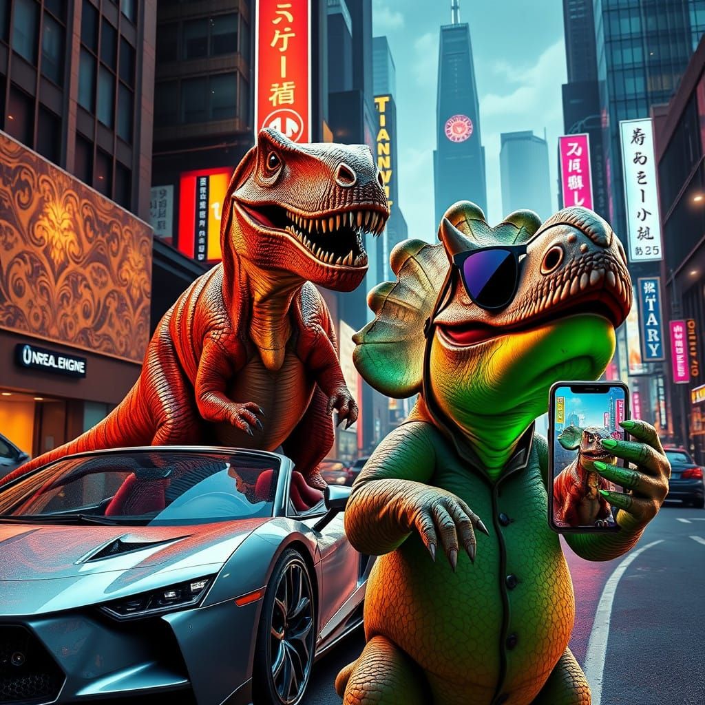 Surreal City Streets Unite Dinosaurs and Modern Tech