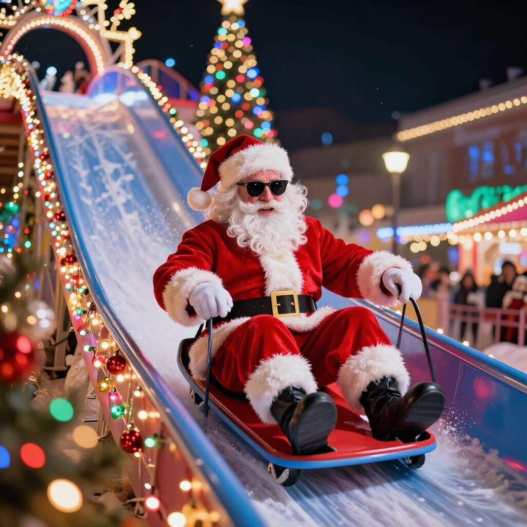 Festive Santa Slides Down Huge Slide in Photorealistic Style