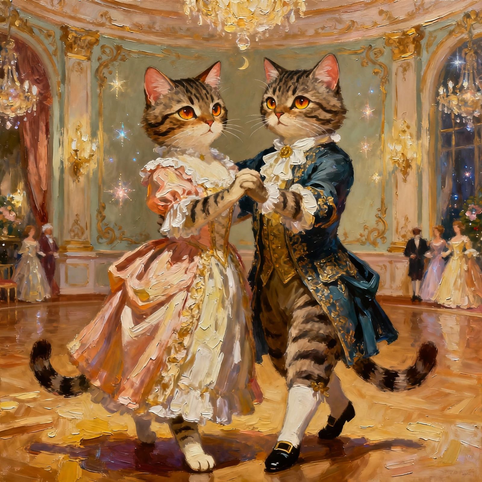 Anthropomorphic Cats Dance in Rococo Ballroom