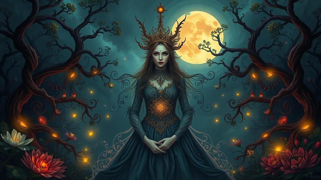 Queen in Dystopian Garden, Arthur Rackham Style