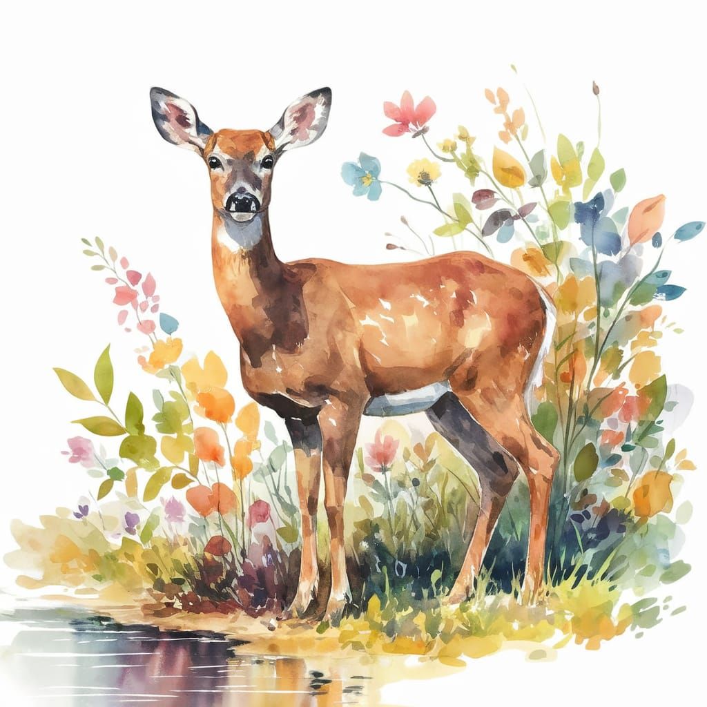 Majestic Deer in a Serene Watercolor Landscape