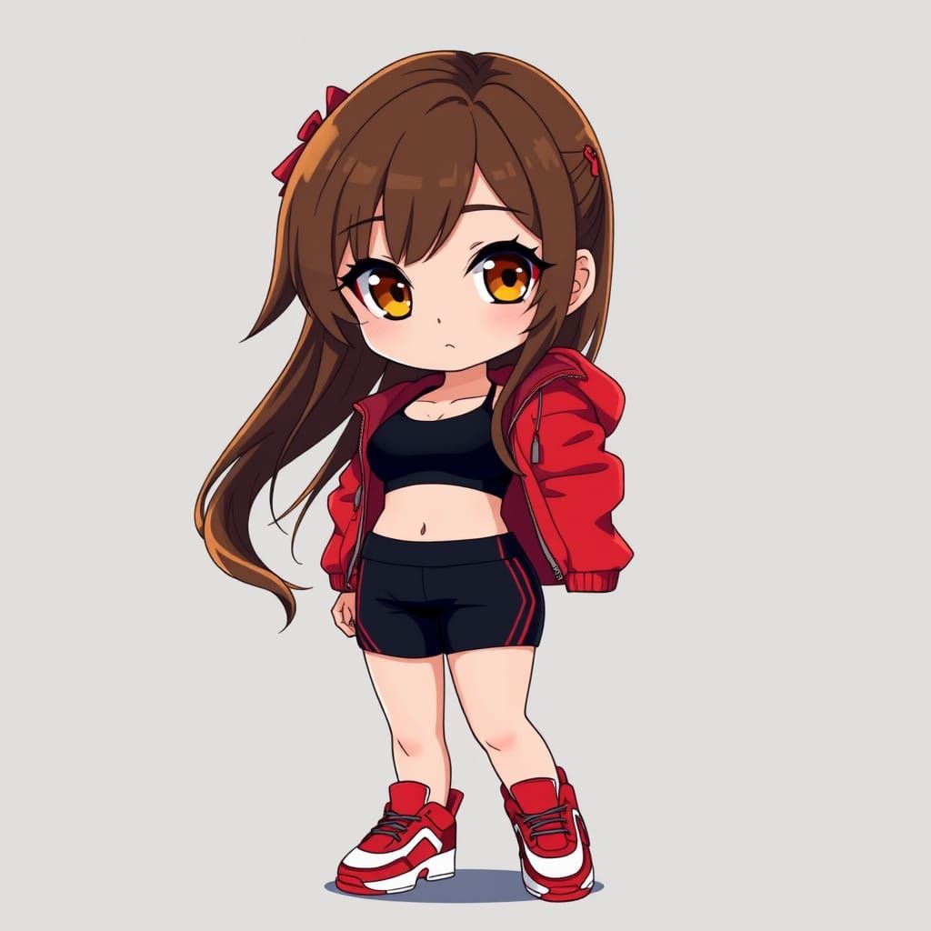 Chibi Woman in Red Jacket, Manga-Style Illustration