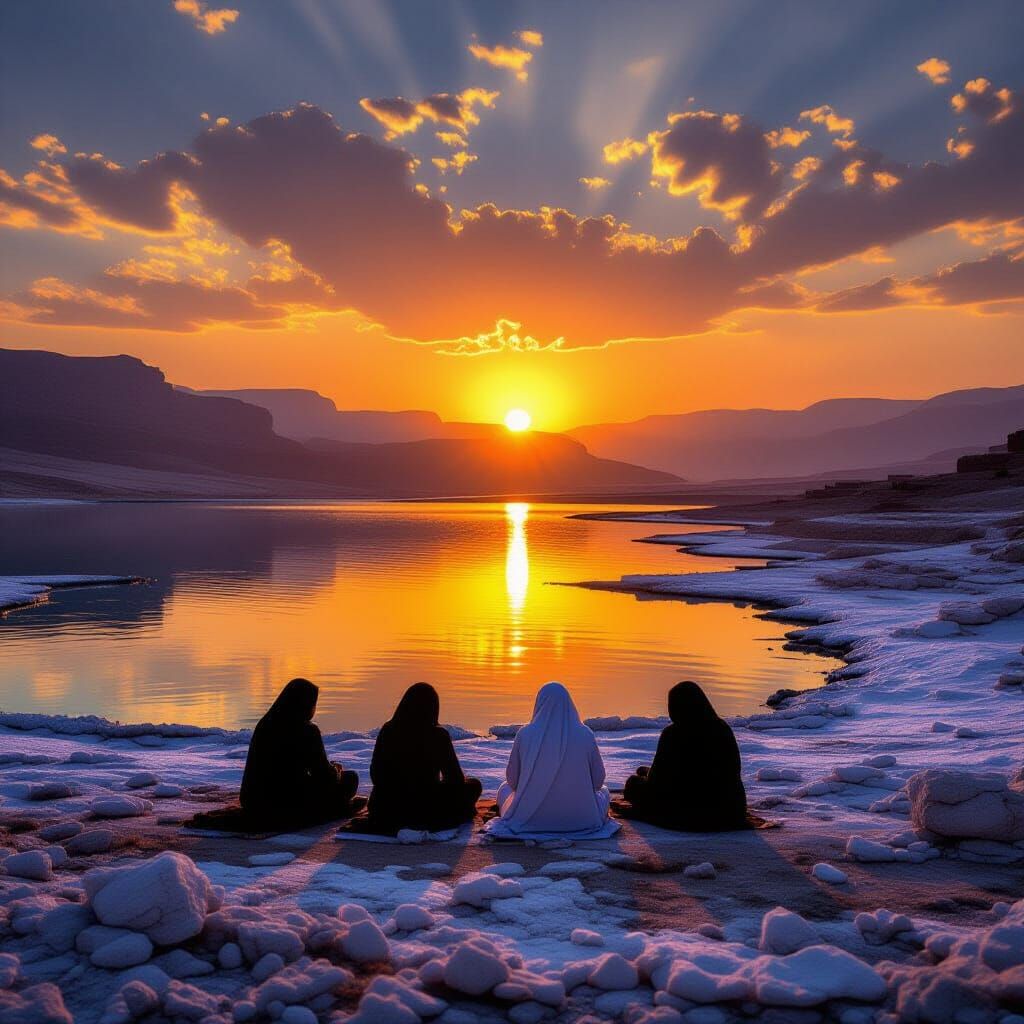 Figures at Dead Sea Sunset in Vintage Photo Style