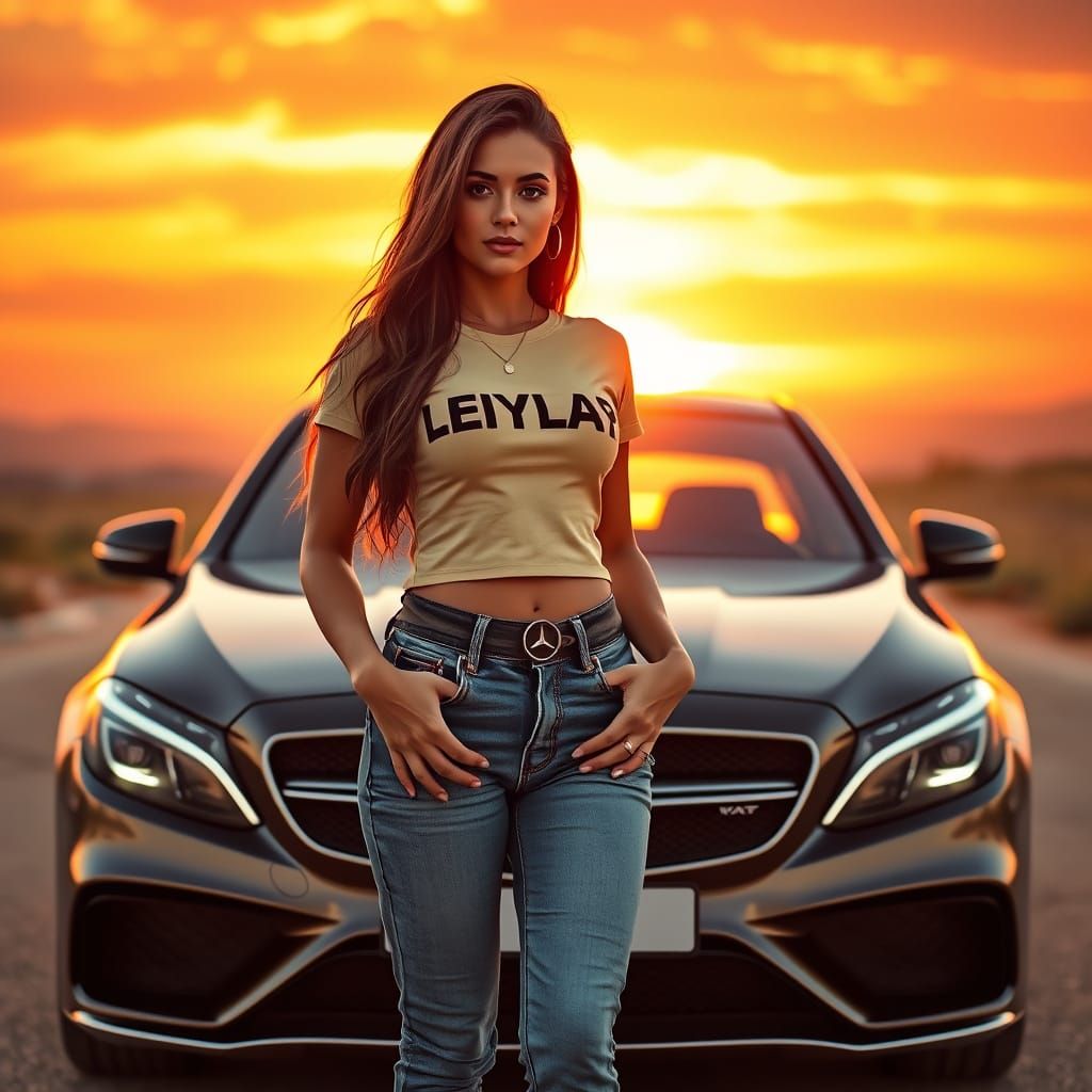 Woman in Branded Top by Mercedes at Sunrise
