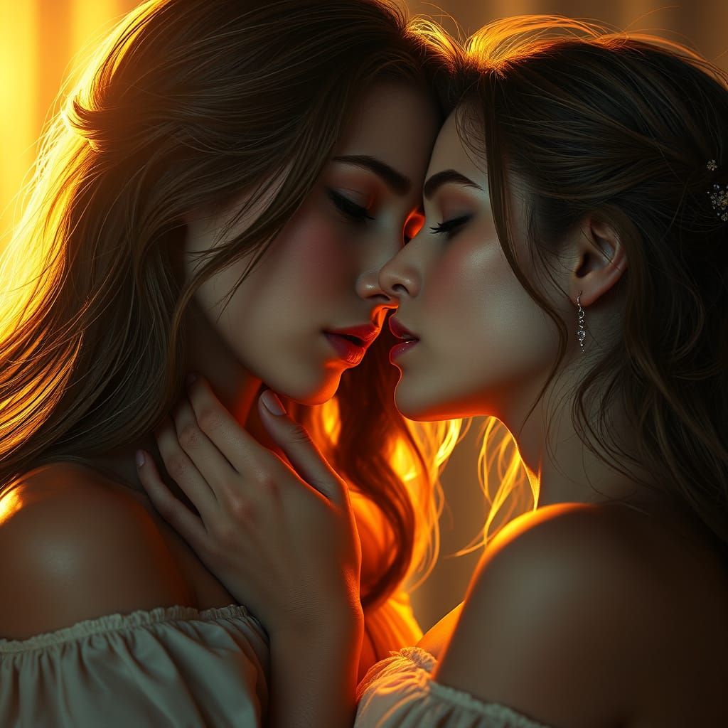 Tender Lesbian Moment in Warm Light