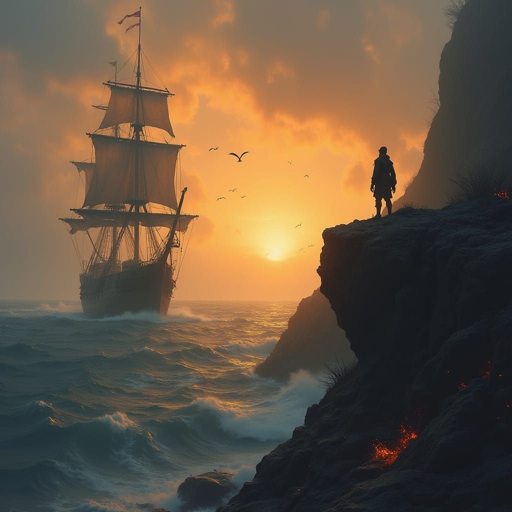 Pirate Ship in Fiery Landscape, Hyperrealistic Style