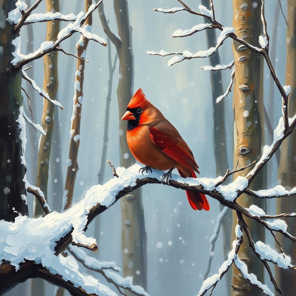 Exquisite Impressionist Cardinal in Winter Wonderland