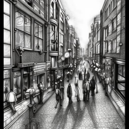 Detailed Pencil Sketch of Carnaby Street