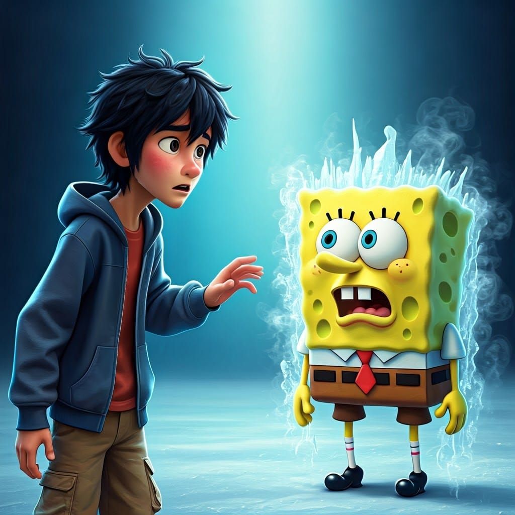 Hiro Hamada's Shock at Icy SpongeBob: 3D Digital Art
