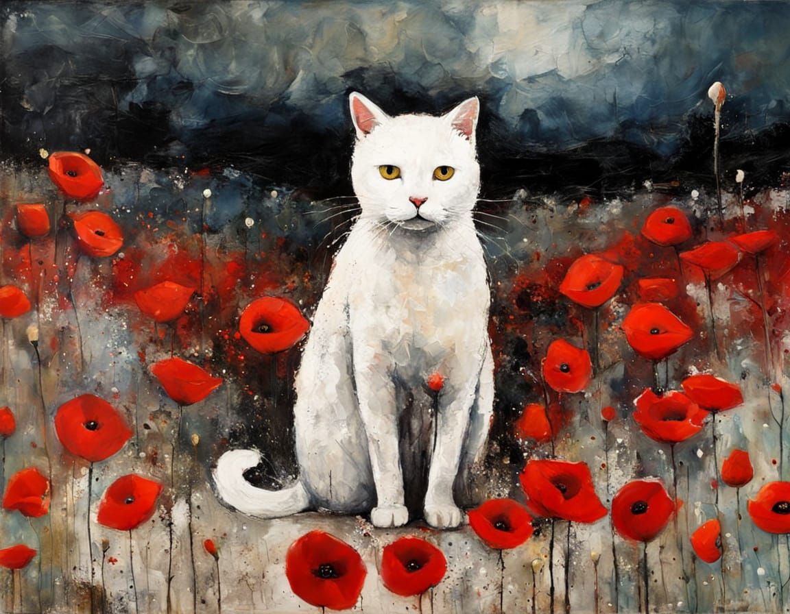 Whimsical White Cat Gazes at Red Poppy in Encaustic Painting