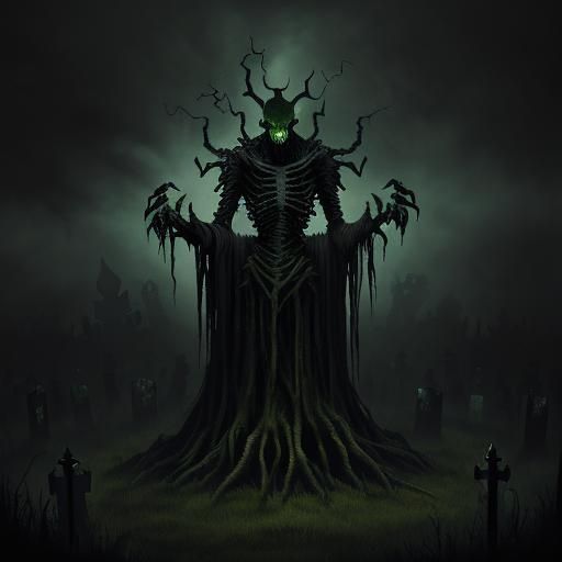 Skeletal Creature in Graveyard Oil Painting