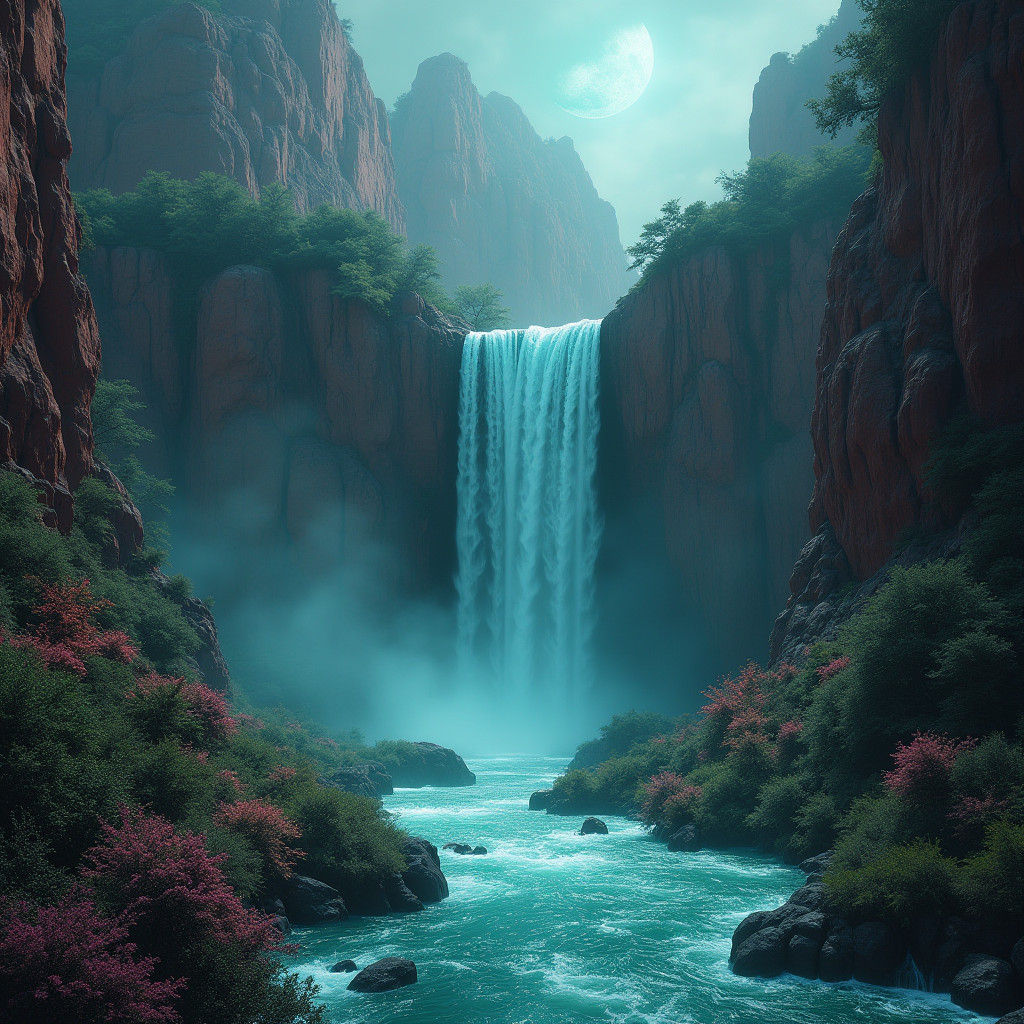 Mystical Turquoise Waterfall Between Red Mountains