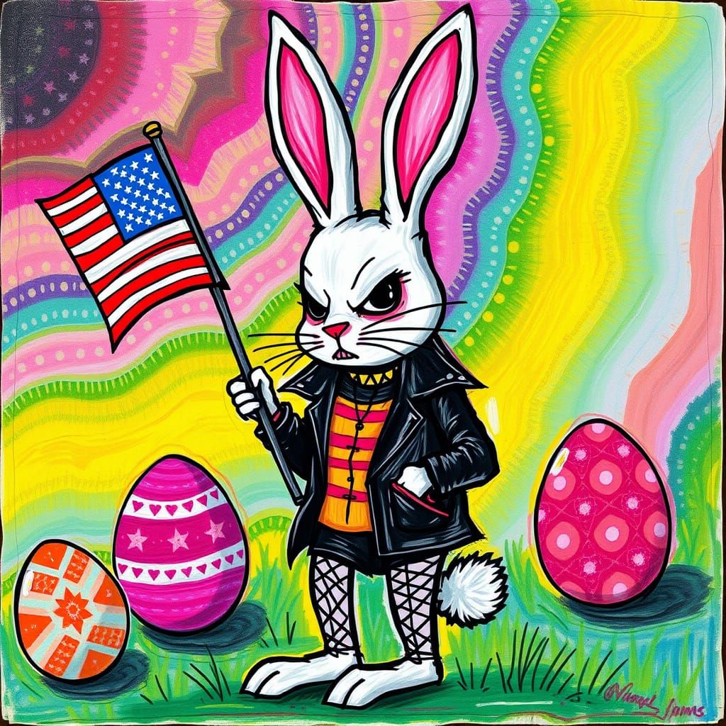 Kids Crayon drawing of punk goth American flag wearing protesting  Emo Easter Bunny, surreal child's drawing , rayograph...