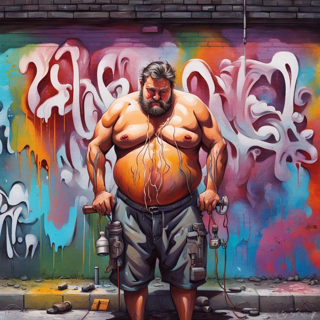 Plump Man Working Outside in Graffiti Art Style