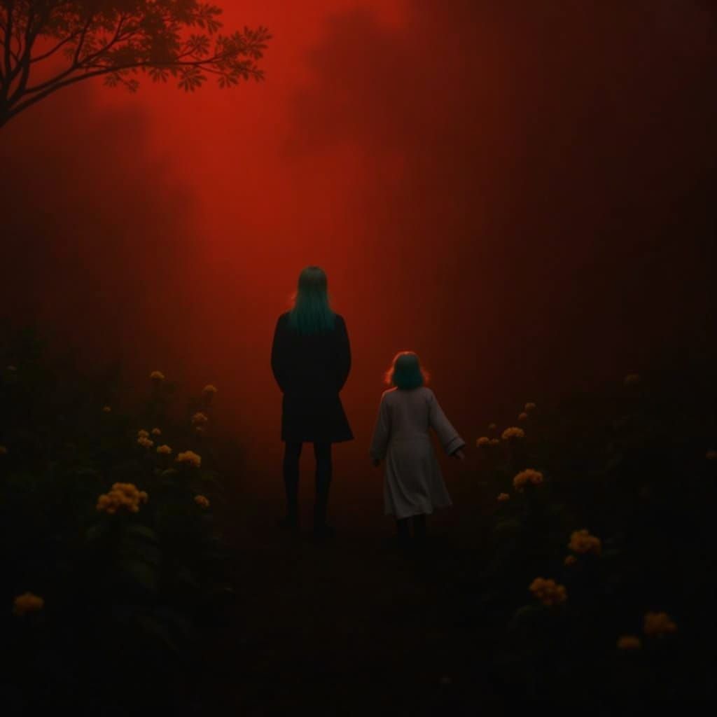 Mystical Foggy Forest with Diverse Figures and Vivid Colors