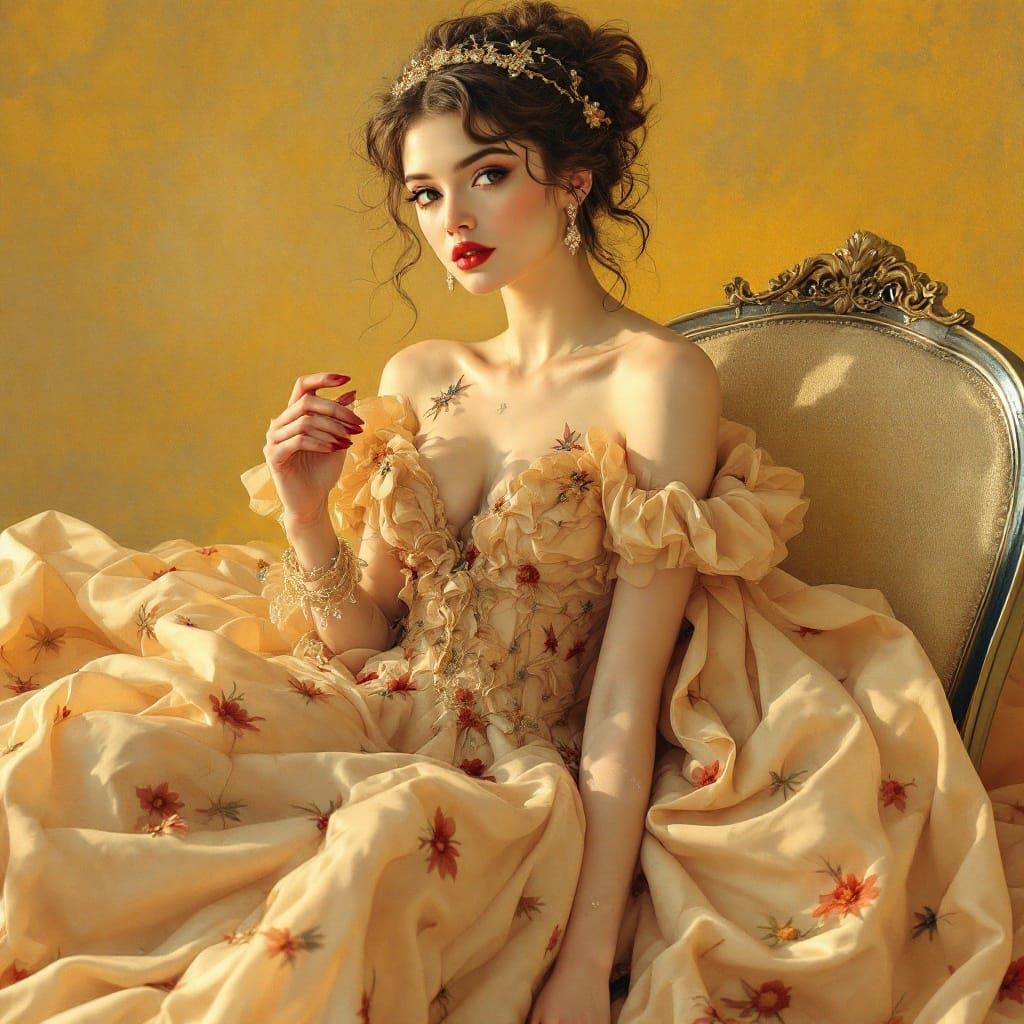 Ethereal Debutante in Lavish Gown, Dramatic Lighting