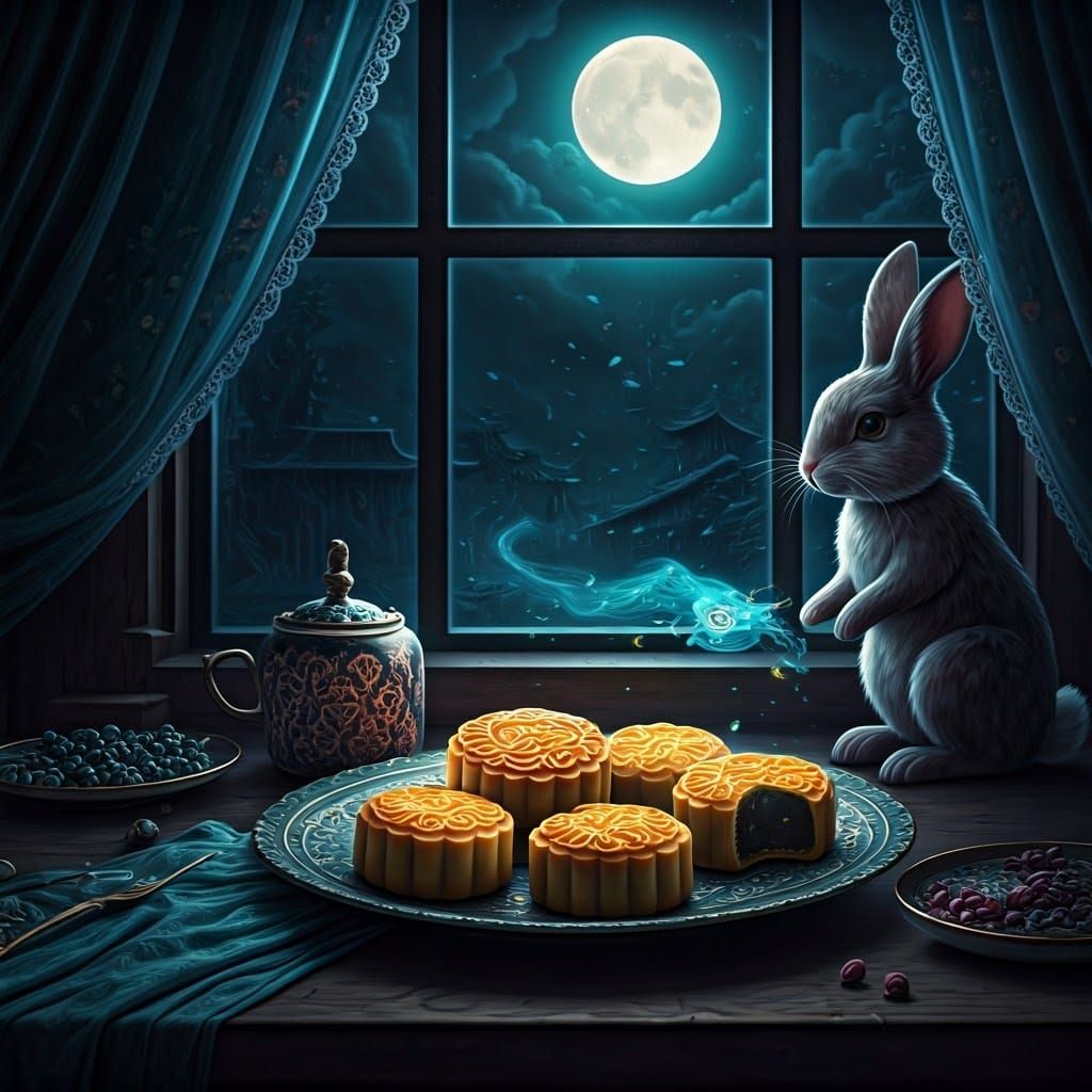 Celestial Mooncakes with Rabbit Double Exposure