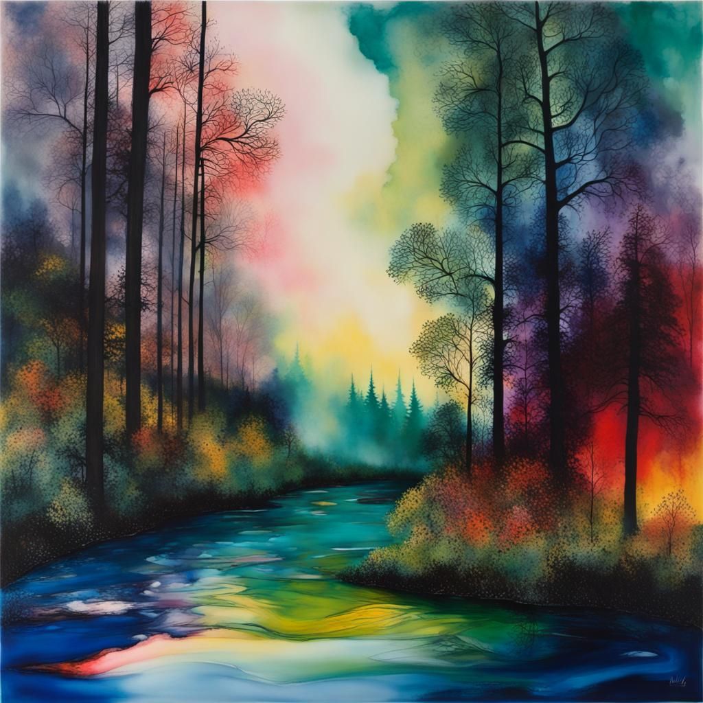 Abstract Forest River in Social Realism Style