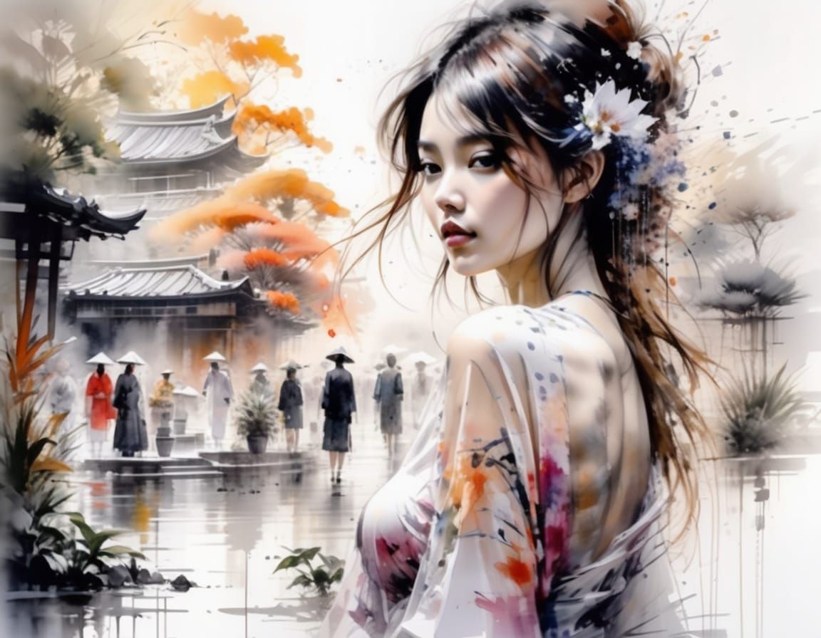 Ethereal Kyoto Garden in Watercolor Style