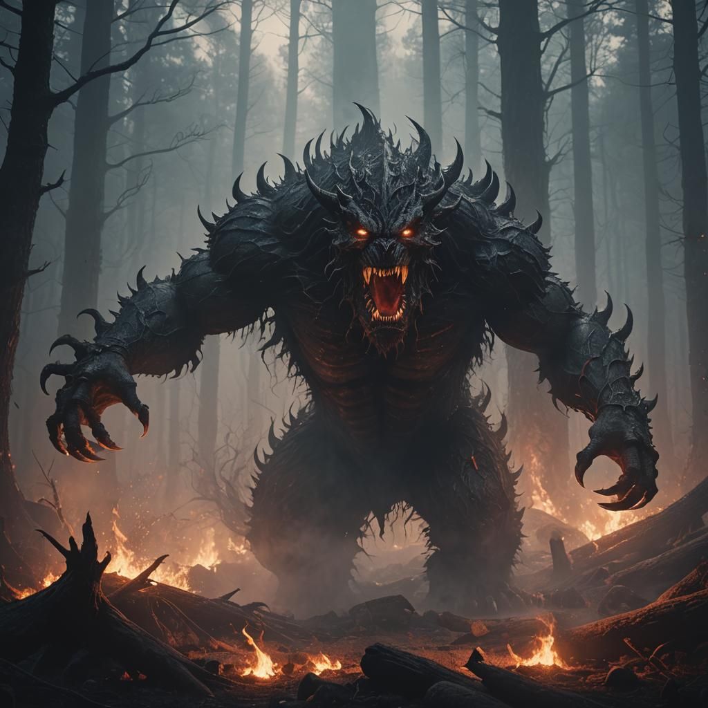 Fanged Monster Emerges from Smoky Shadows