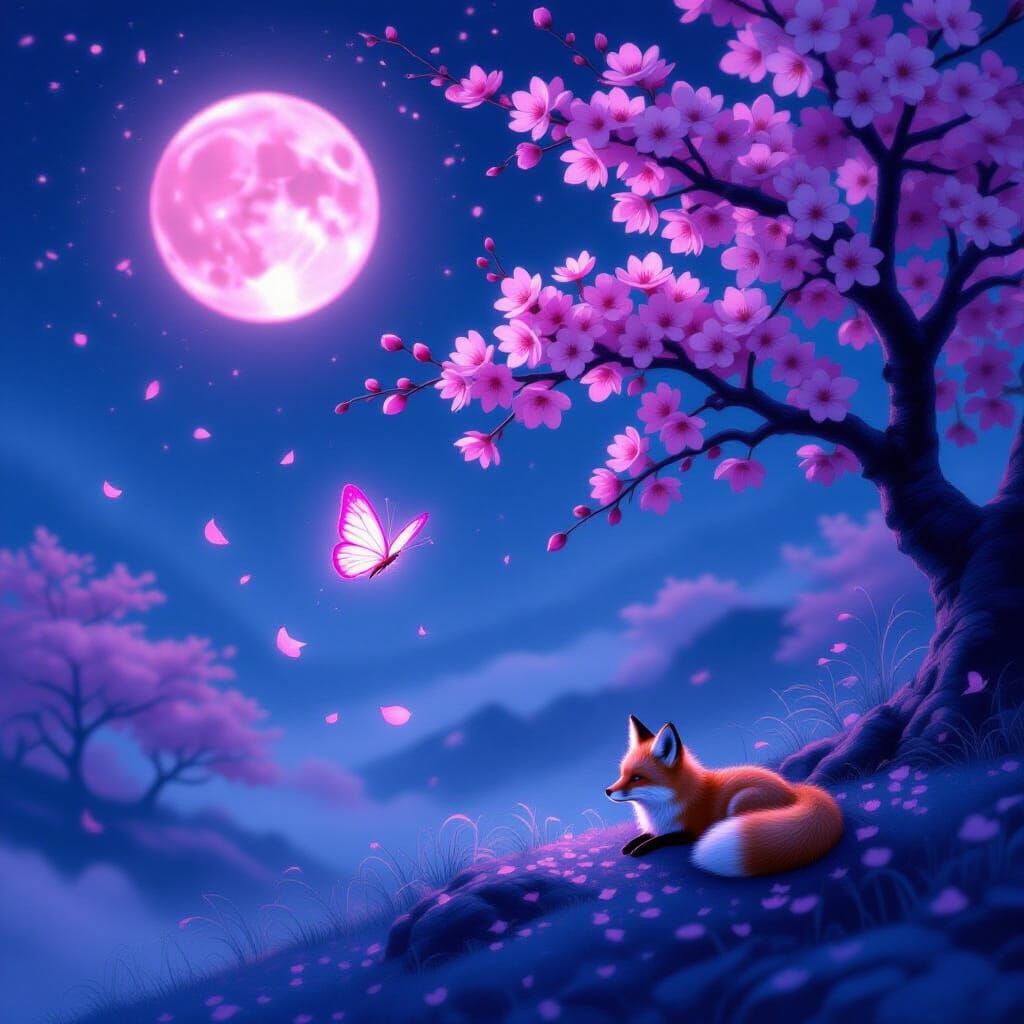 Magical Pink Cherry Blossom Night with Fox