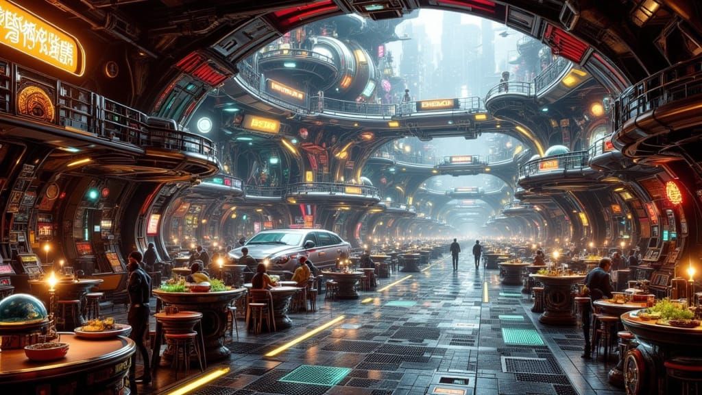 Retro-Futuristic Alien Business District in Googie Style