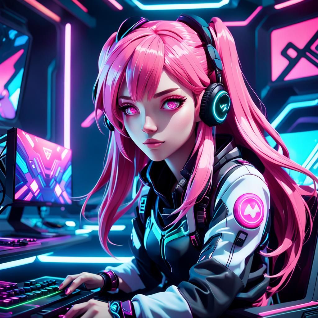 Pink-Haired Gamer Girl in Futuristic Anime Style