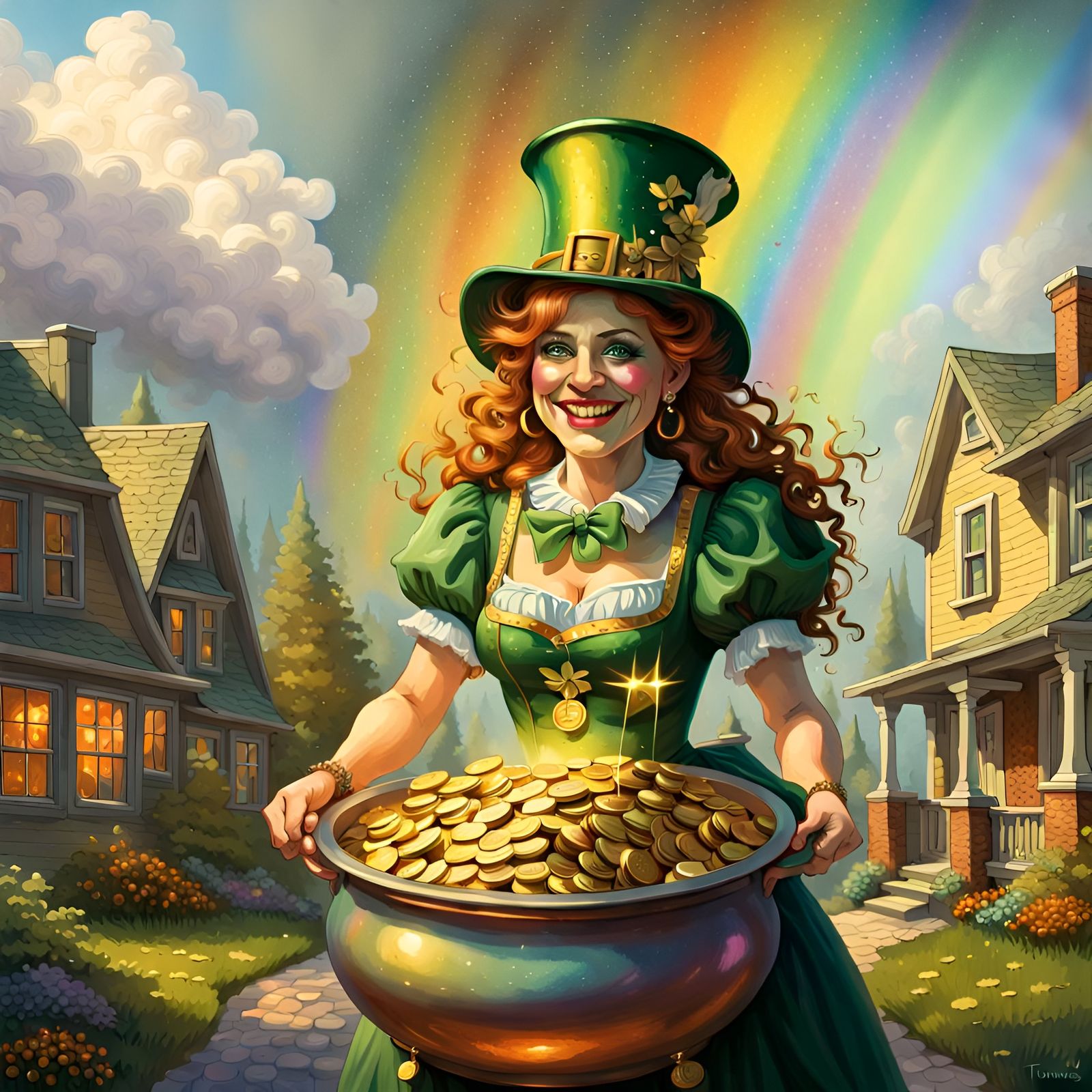 Fantastical Leprechaun Woman with Pot of Gold