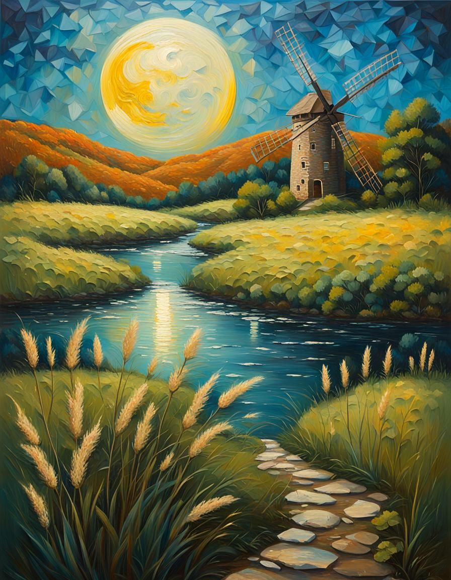 Riverside Windmill Under Moon, as Oil Painting