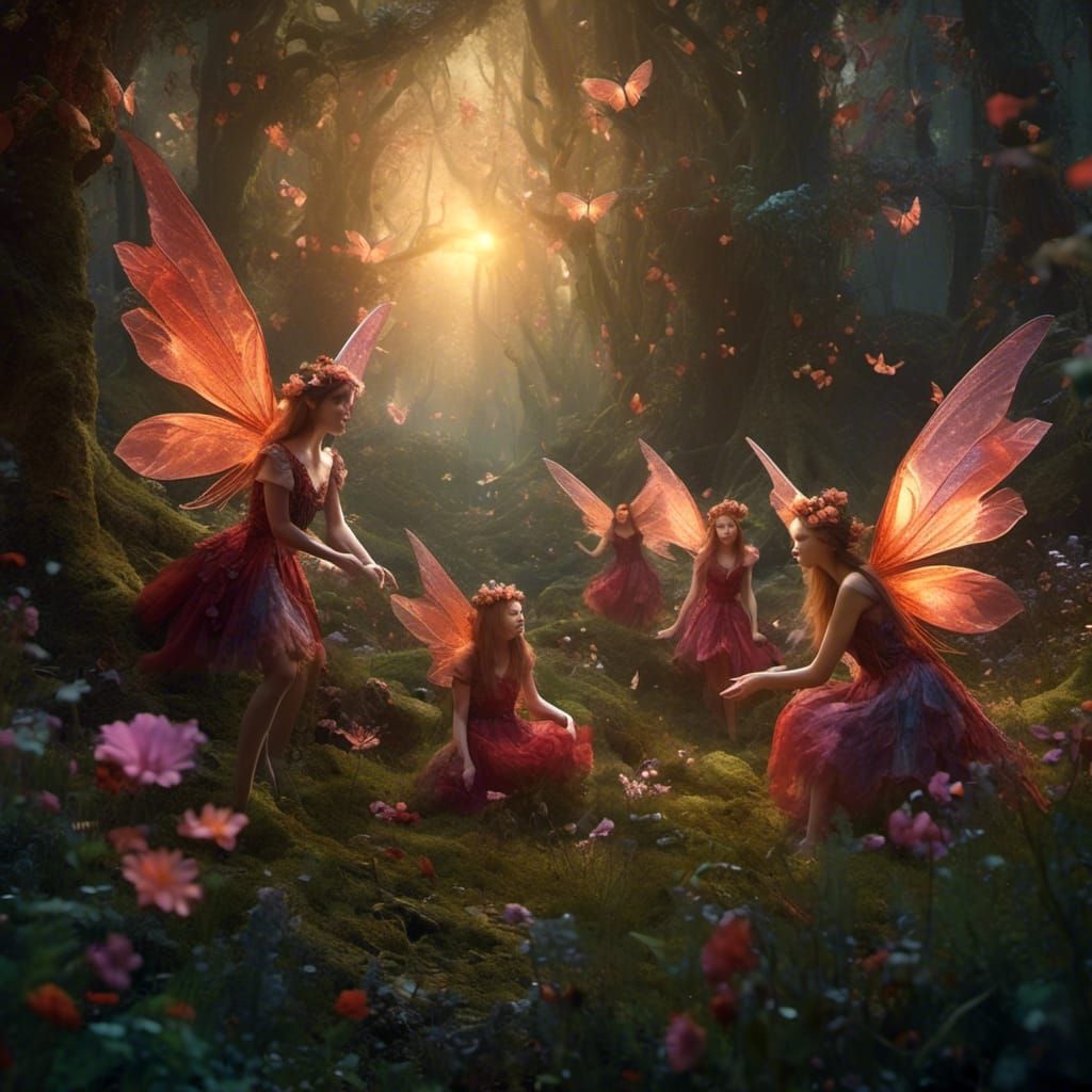 Fairies Gathering in Enchanted Forest: Fantasy Concept Art