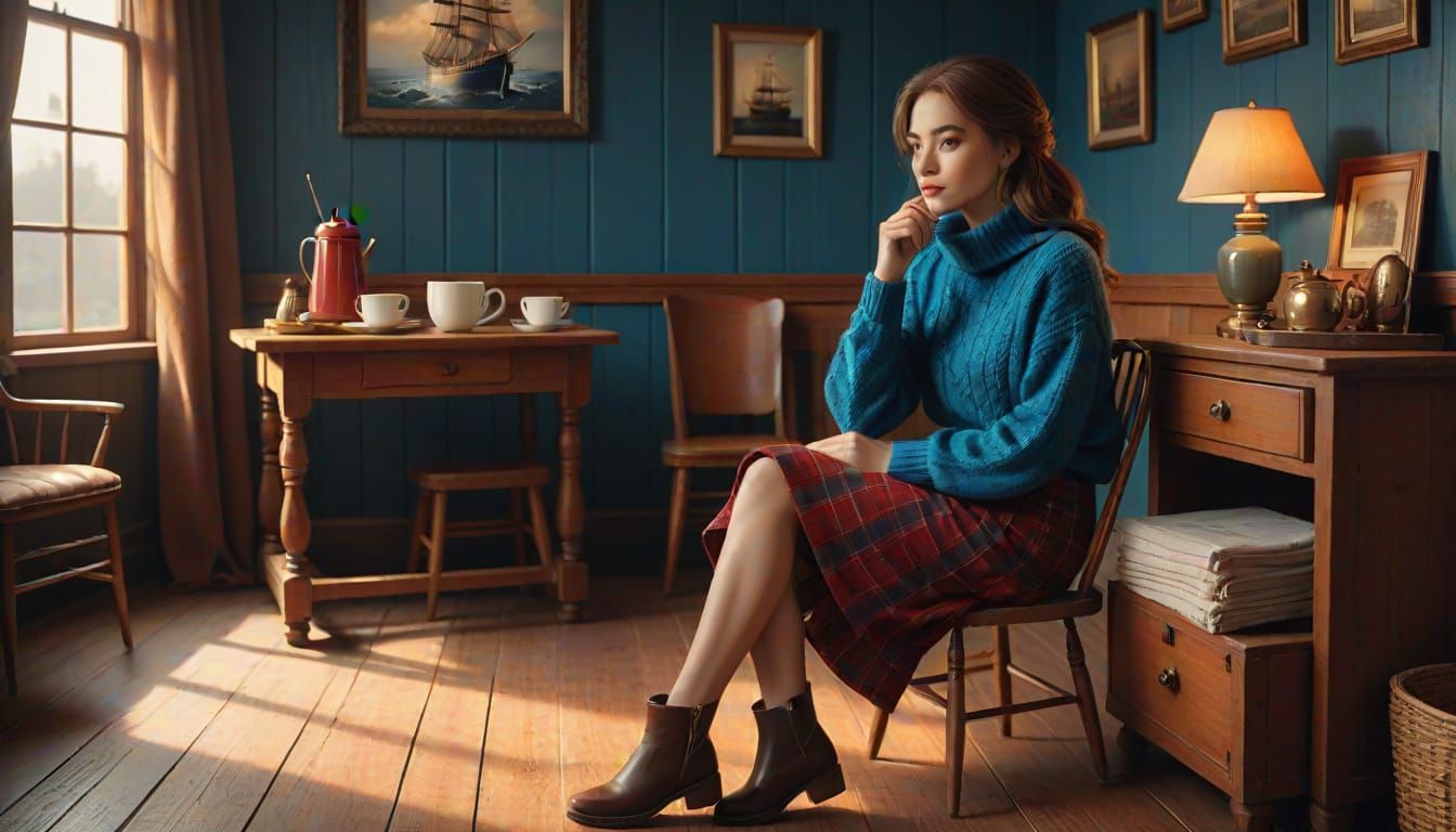 Woman in Cozy Morning Scene, Soft Lighting, Earthy Tones