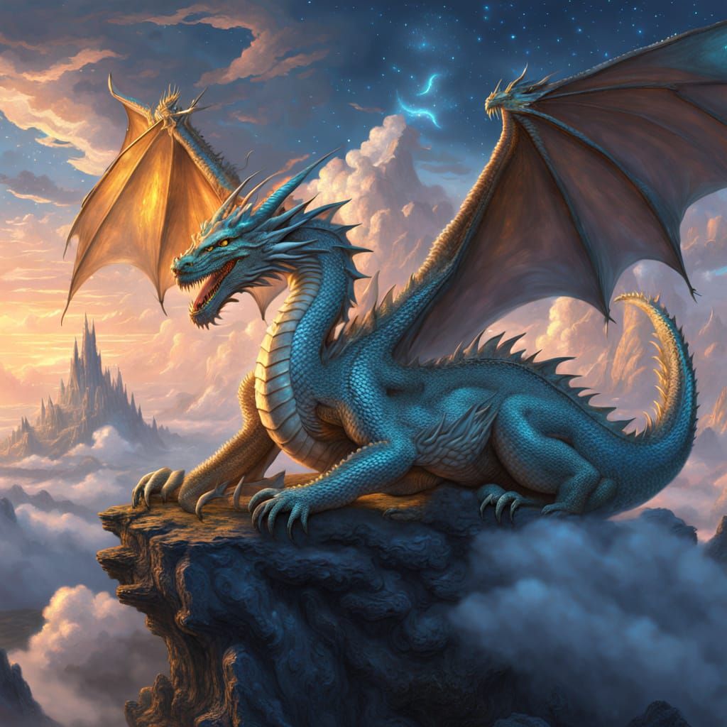 Majestic Ancient Dragon Over Starlit Landscape