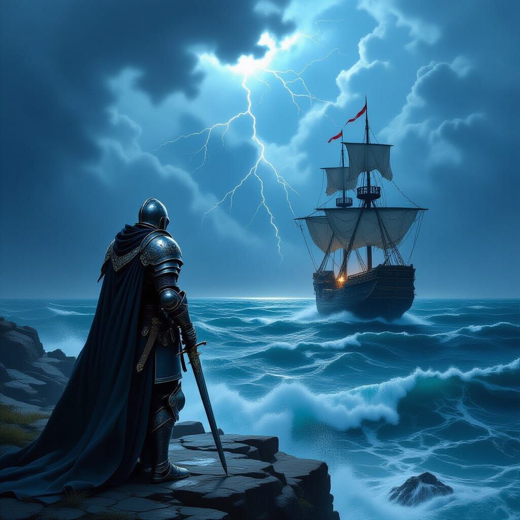 Knight on Cliff Overlooking Stormy Sea