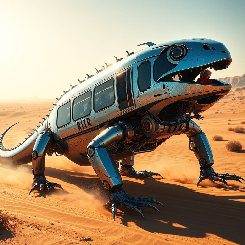 Robotic Lizard Bus in Desert Landscape, Digital Art
