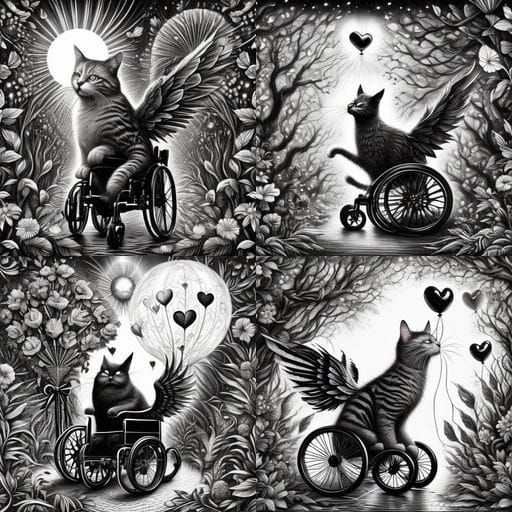 Silver Tabby Cat with Wings in Black-and-White Scene