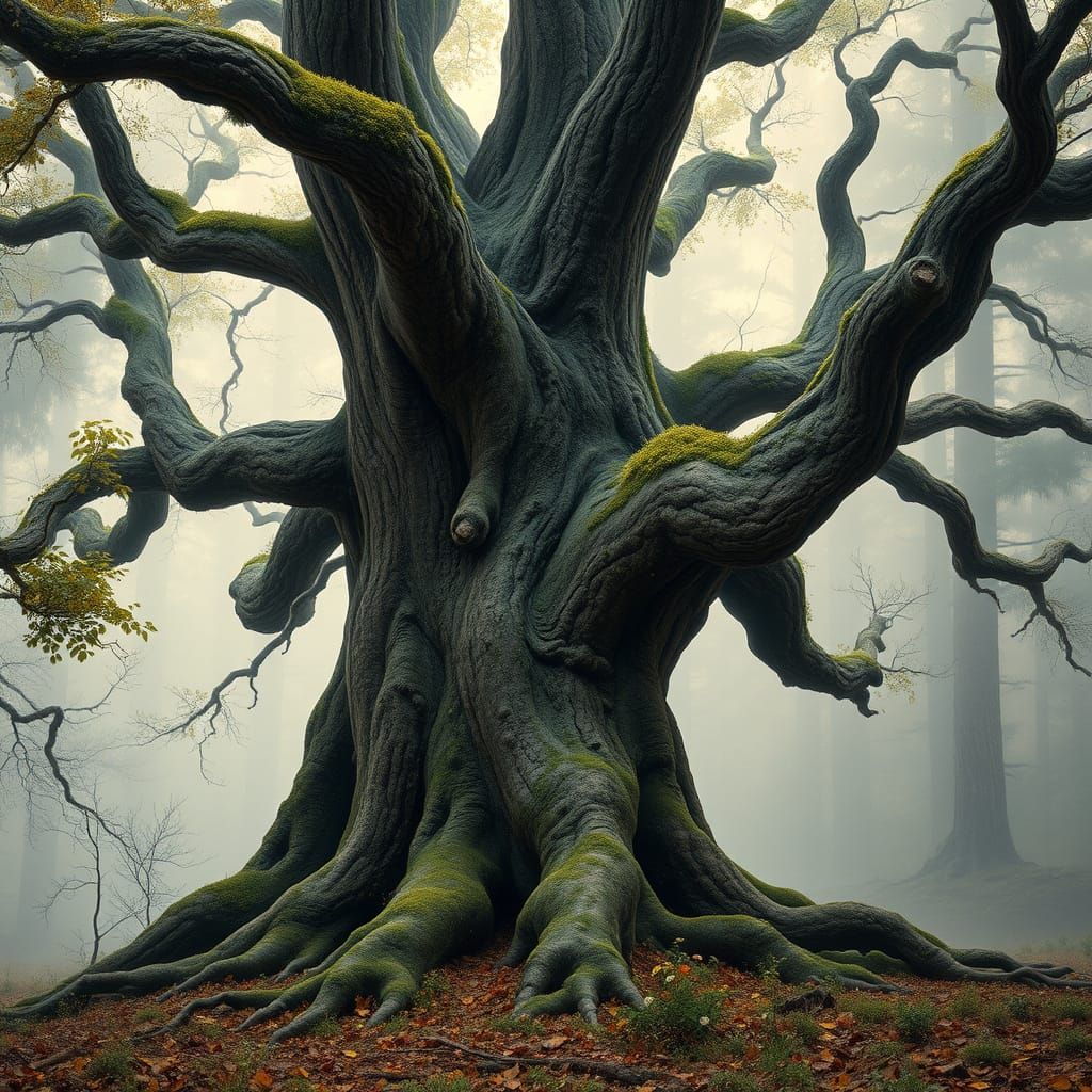 Majestic Ancient Tree in Misty Forest Landscape