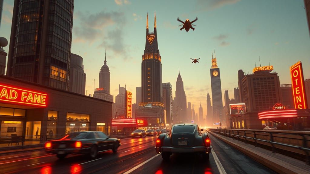 Retro Futuristic Cityscape at Dusk