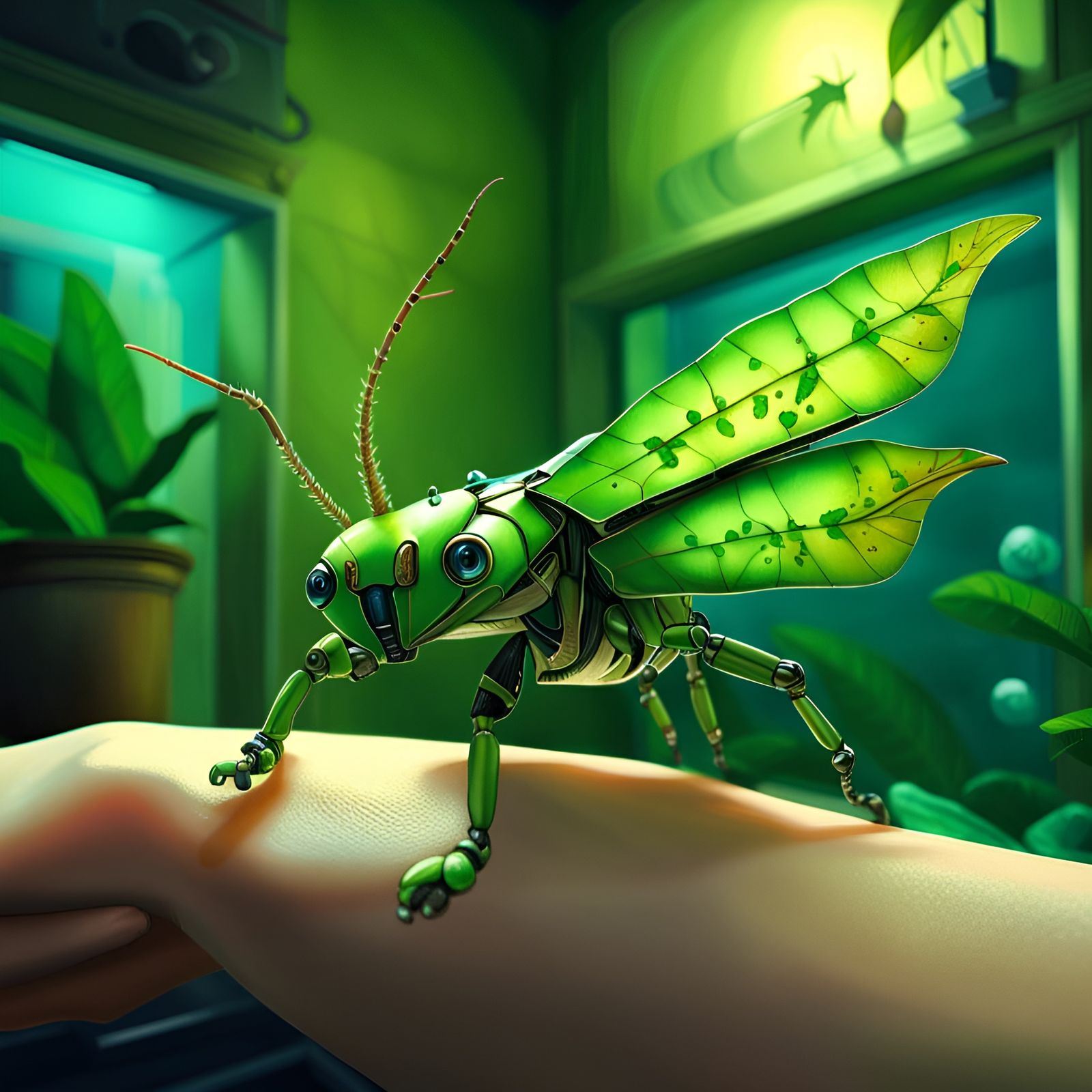 Robot Leaf Insect Pet in Aquarium Room